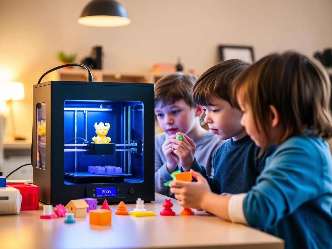 Kinder beobachten einen 3D-Drucker und halten gedruckte Modelle