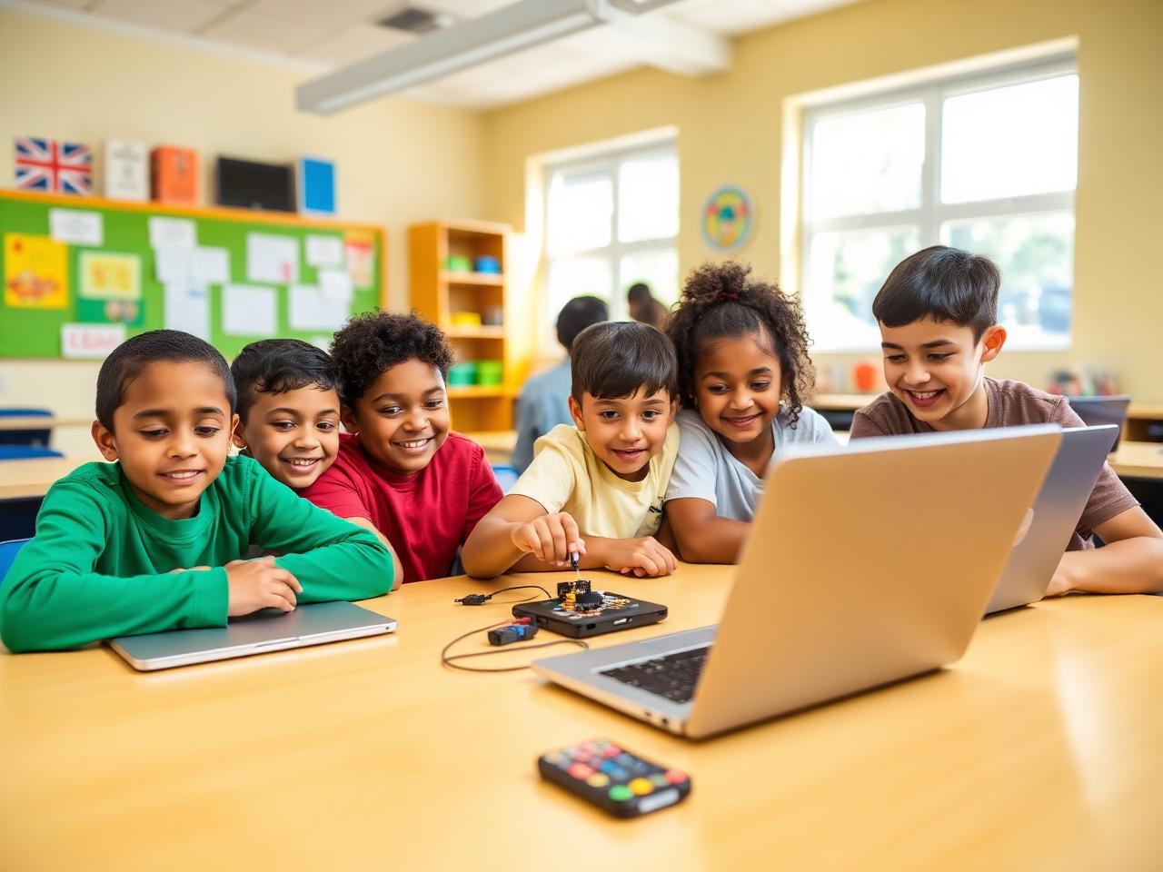 Kinder programmieren mit einem Calliope-Board am Laptop