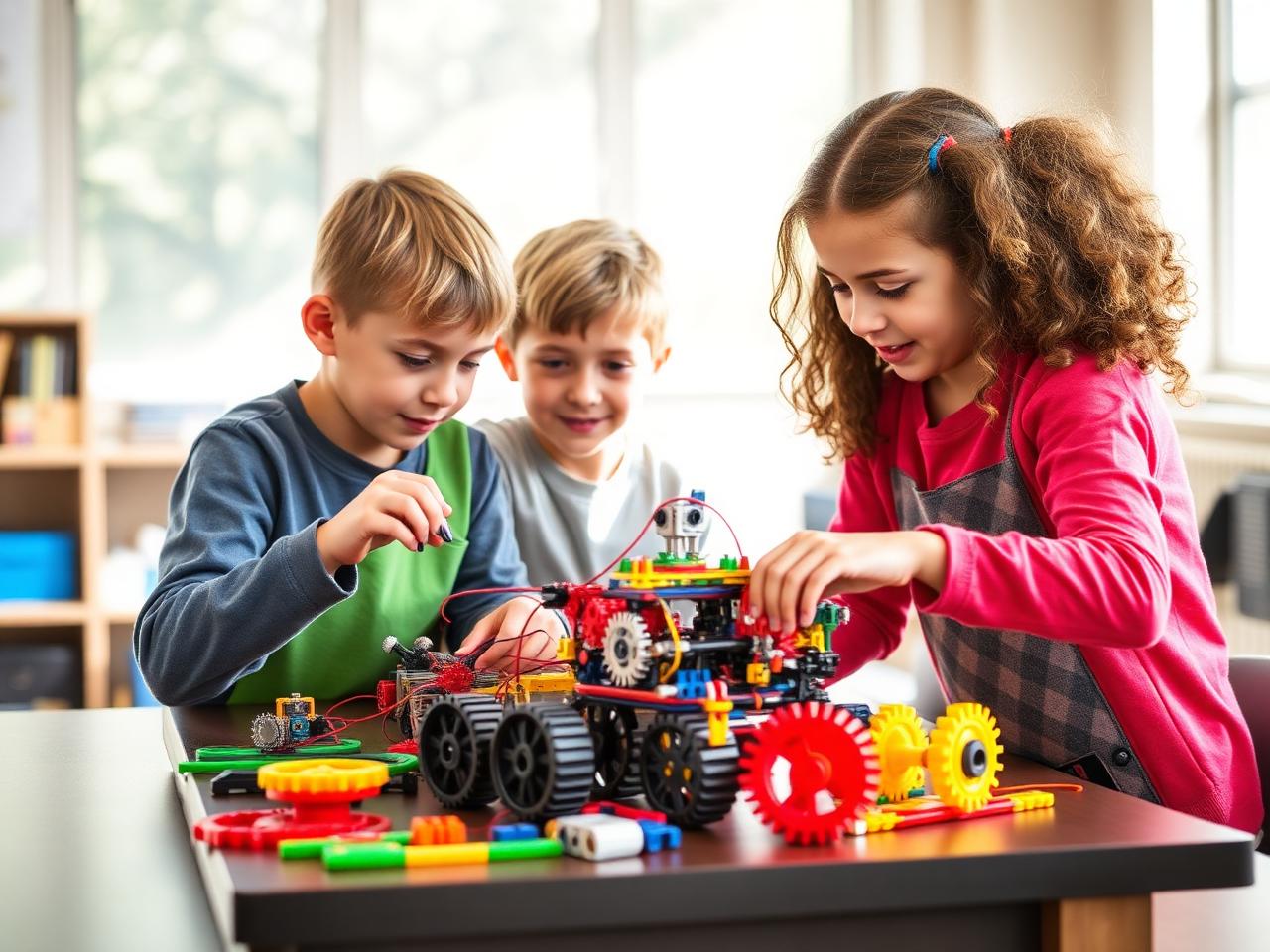 Kinder bauen gemeinsam einen Roboter mit Zahnrädern